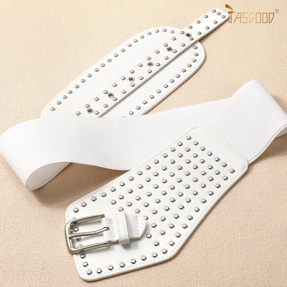 Women\'s Elastic Wide Belt Vintage Studded Stretchy Waist Belt Dress Pants White main image 5
